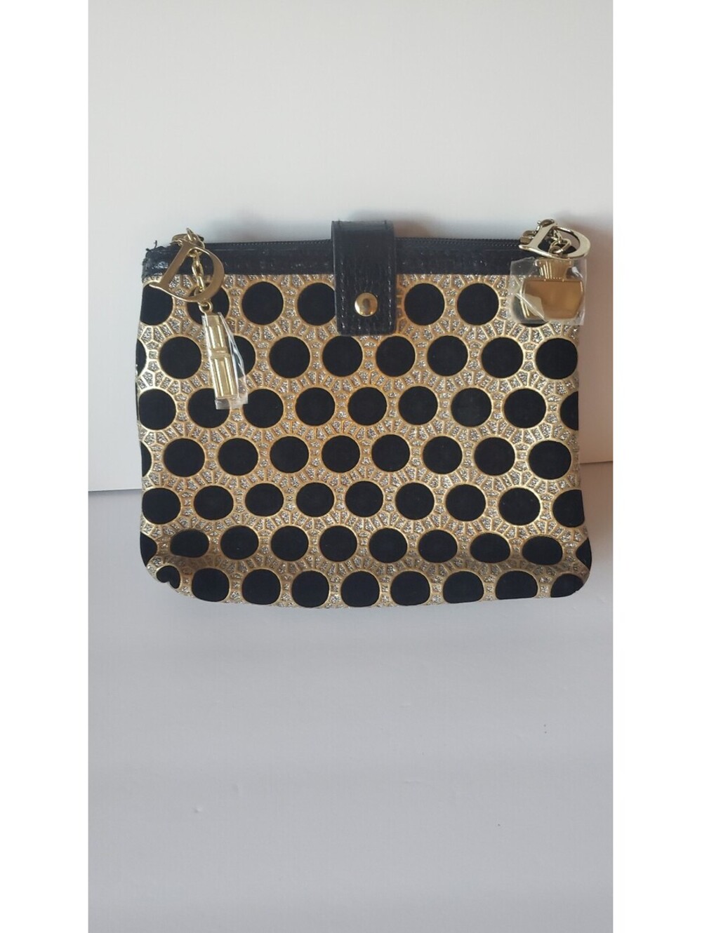 Dior Beauty Black & Gold Lattice  Polka Dot Pouch Makeup Bag with Charms